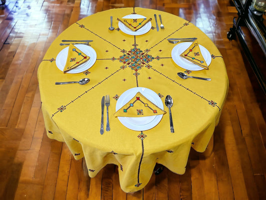 Yellow Hand Embroidered Table cloth and napkins, a magnificent decoration to add a Moroccan touch to your home.-0