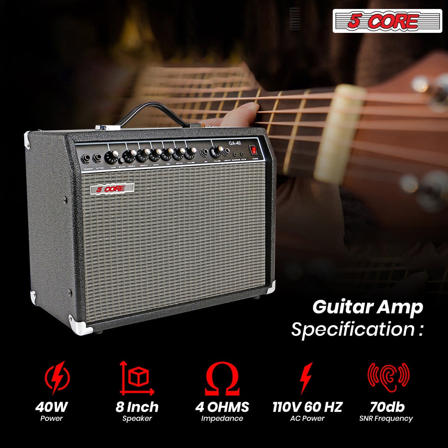 5 Core Guitar Amp For Electric Bass Acoustic Portable Amplifier Practice Amplificador 40W BLACK-1