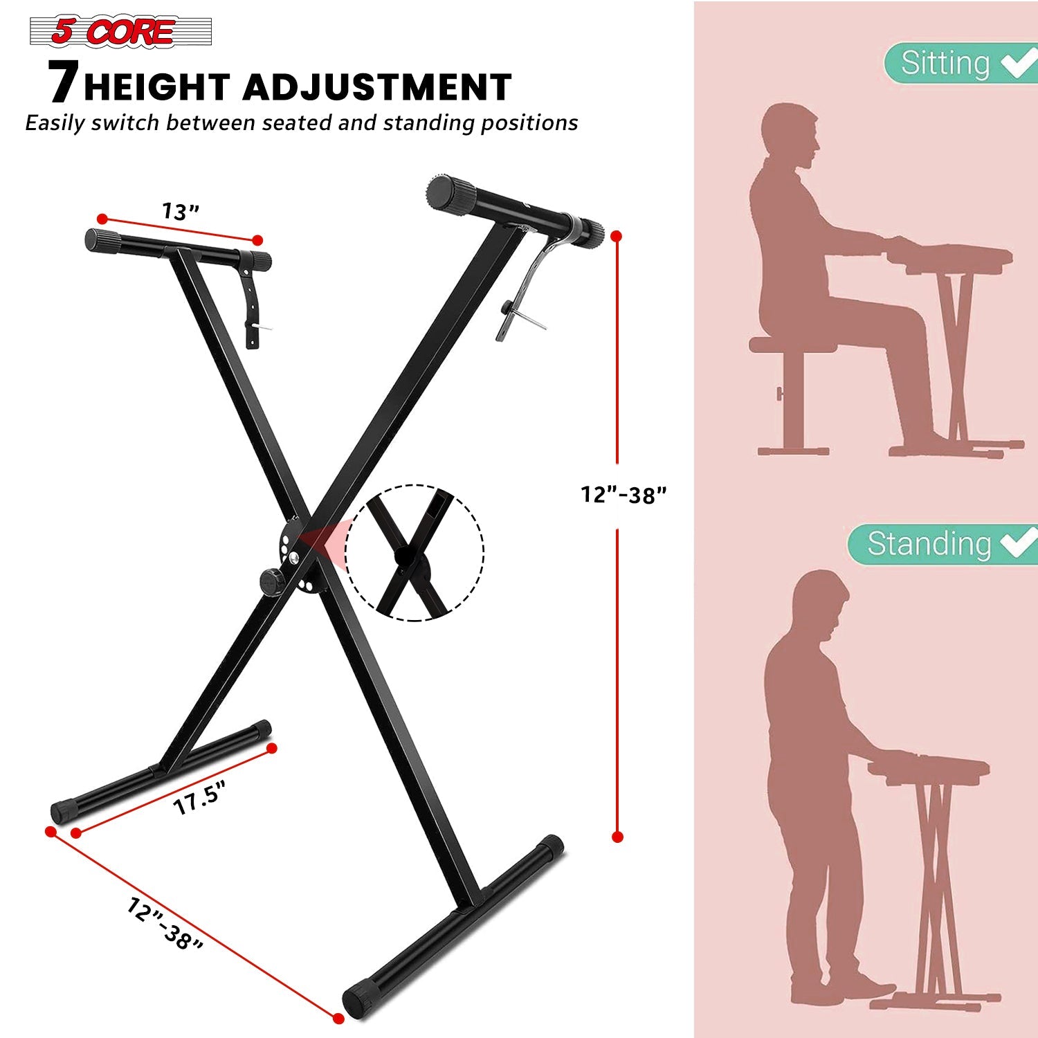 5Core Keyboard Stand Single X Style Adjustable Lift Piano Riser For 49 To 88 Keys BLACK-1