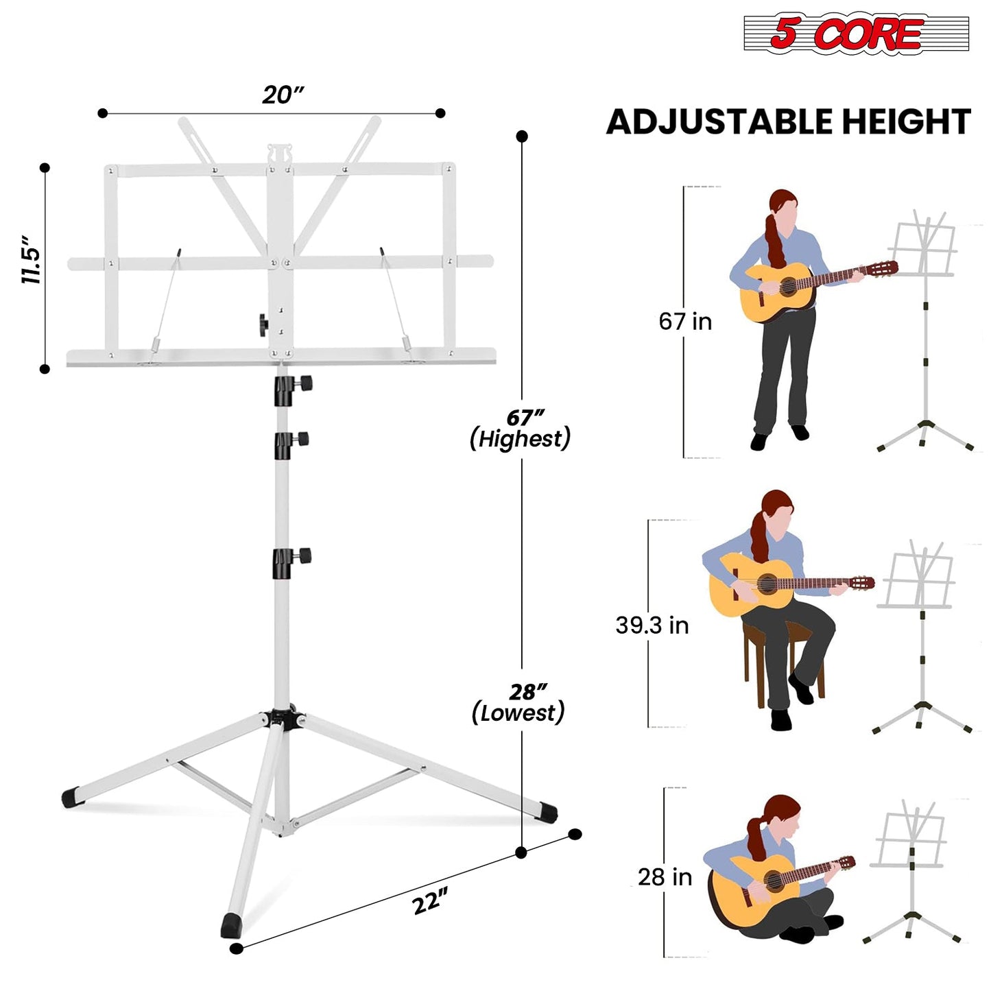 5Core Music Stand For Sheet Music Portable Tripod Adjustable Folding Note Holder With Light White-1