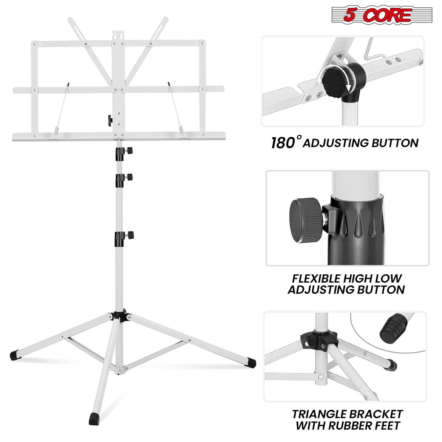 5Core Music Stand For Sheet Music Portable Tripod Adjustable Folding Note Holder With Light White-3