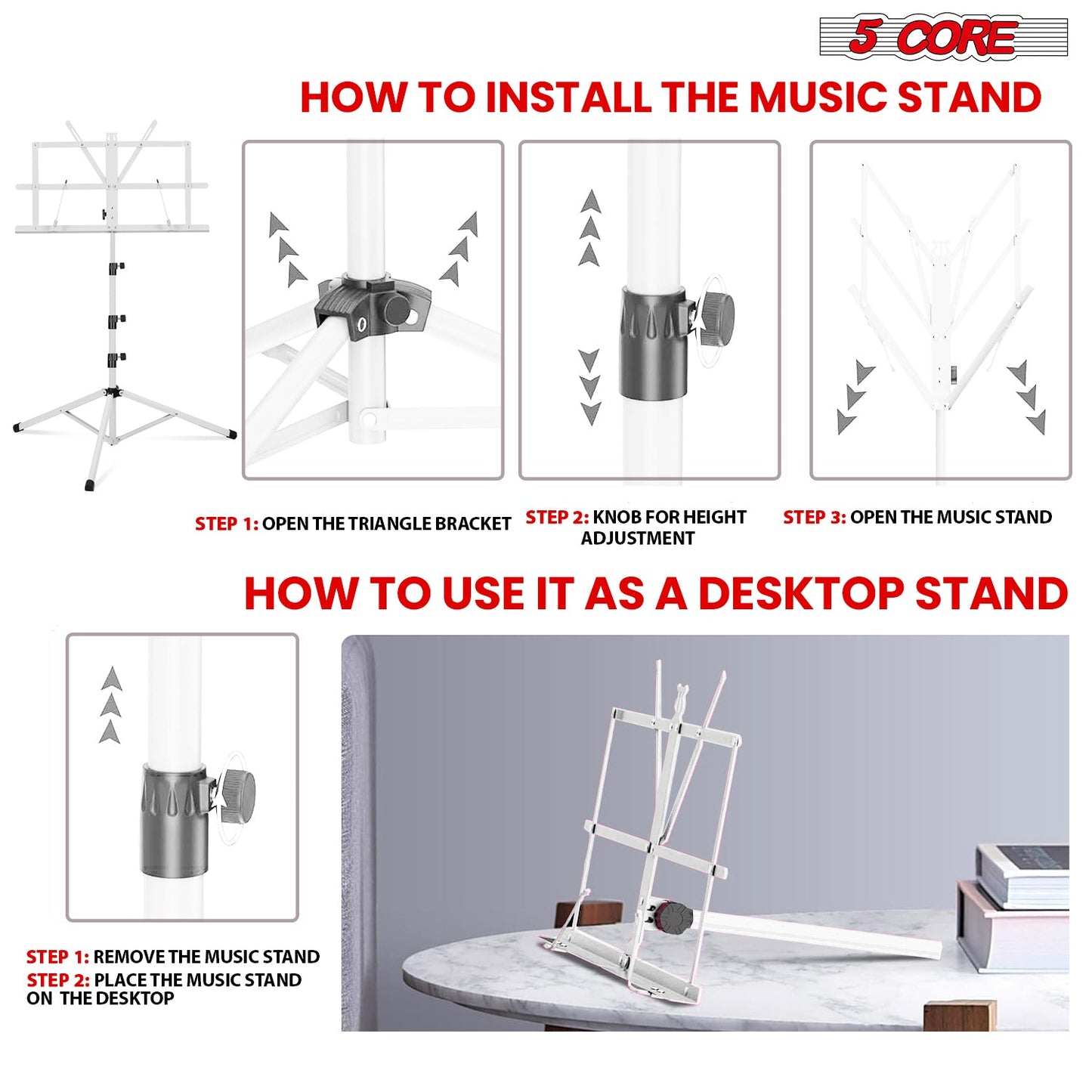 5Core Music Stand For Sheet Music Portable Tripod Adjustable Folding Note Holder With Light White-4