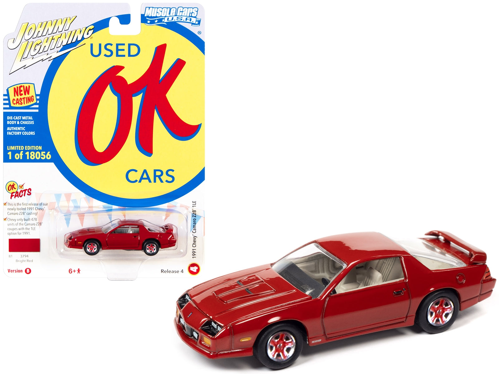 1991 Chevrolet Camaro Z28 1LE Bright Red "OK Used Cars" Series Limited Edition to 18056 pieces Worldwide 1/64 Diecast Model Car by Johnny Lightning