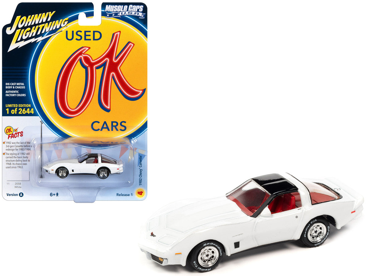 1982 Chevrolet Corvette White with Black Top and Red Interior Limited Edition to 2644 pieces Worldwide "OK Used Cars" 2023 Series 1/64 Diecast Model Car by Johnny Lightning-0