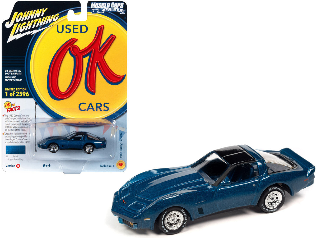 1982 Chevrolet Corvette Bright Blue Metallic with Black Top and Blue Interior Limited Edition to 2596 pieces Worldwide "OK Used Cars" 2023 Series 1/64 Diecast Model Car by Johnny Lightning-0