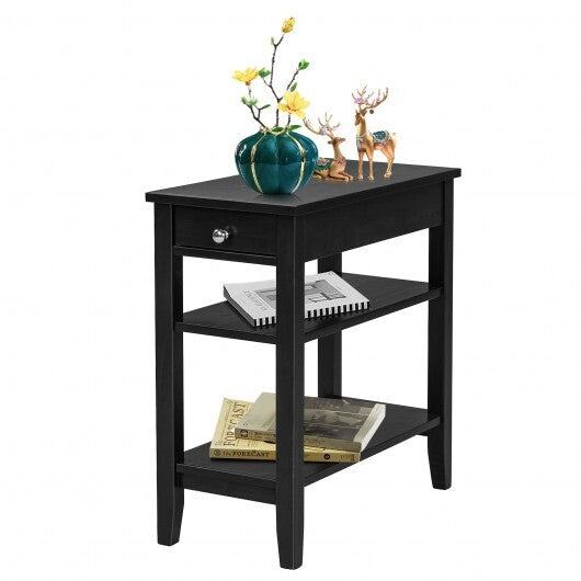 Side End Table with Drawer and 2-Tier Open Storage Shelves for Space Saving-Black - Color: Black