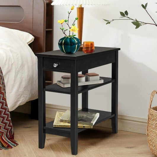 Side End Table with Drawer and 2-Tier Open Storage Shelves for Space Saving-Black - Color: Black