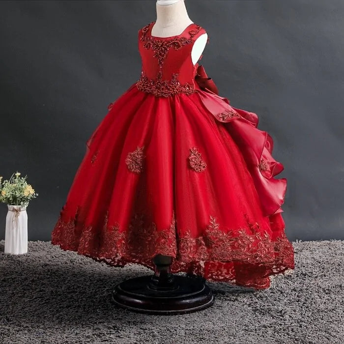 Girls' Lace Dress With Bow And Beads