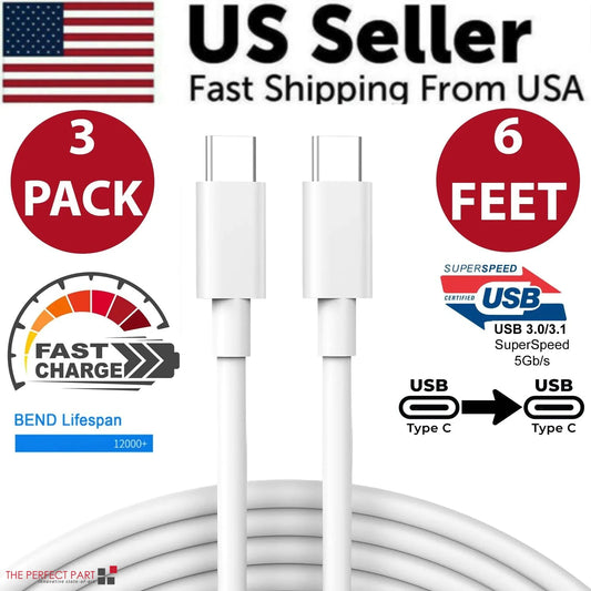 3 Pack 6FT USB-C to USB-C Cable Fast Charge Type C Charging Cord Rapid Charger