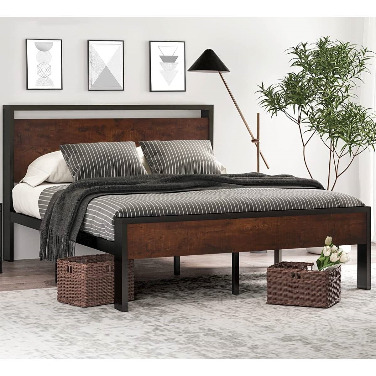 King Metal Platform Bed Frame with Mahogany Wood Panel Headboard Footboard