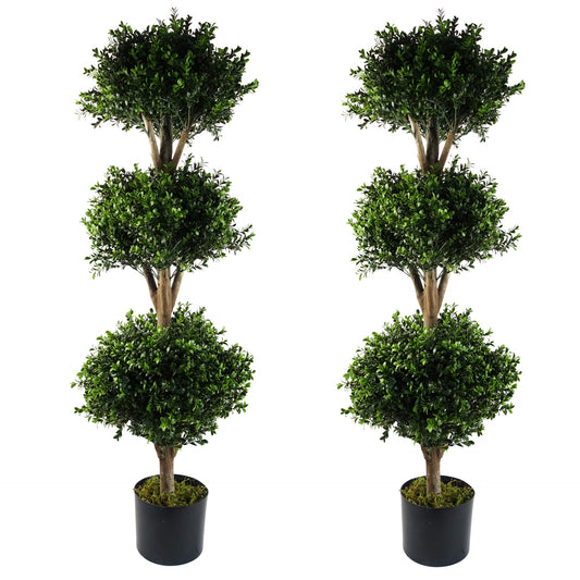 120cm Pair of Buxus Triple Ball Artificial Tree UV Resistant Outdoor Topiary-0