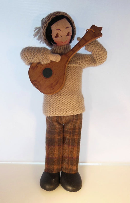Mandolin Player, Vintage Folk Art Doll, Handmade, Knitted Sweater and Hat, painted face on fabric-0