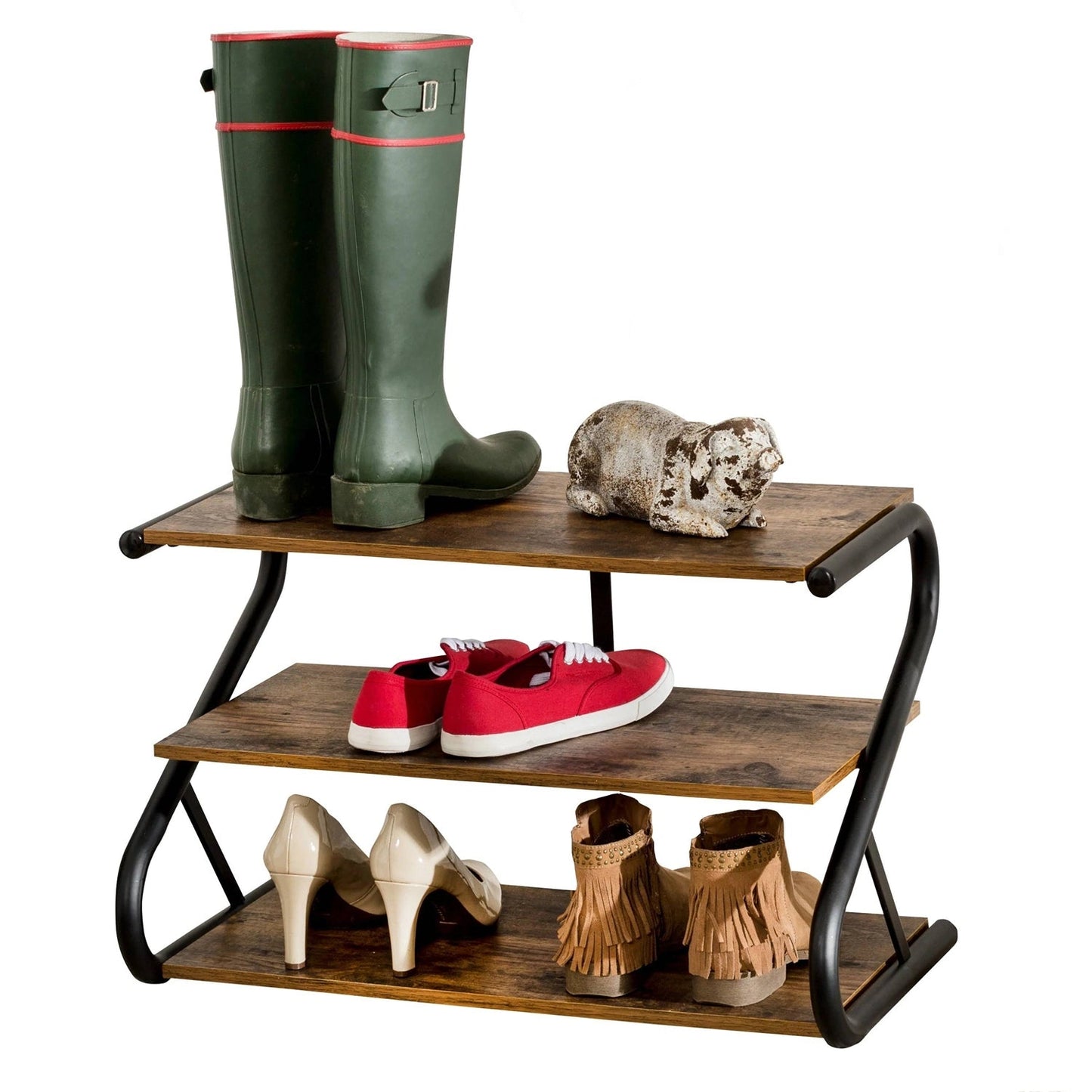 Modern Industrial Metal Wood 3-Tier Shoe Rack - Holds up to 9 Pair of Shoes-0