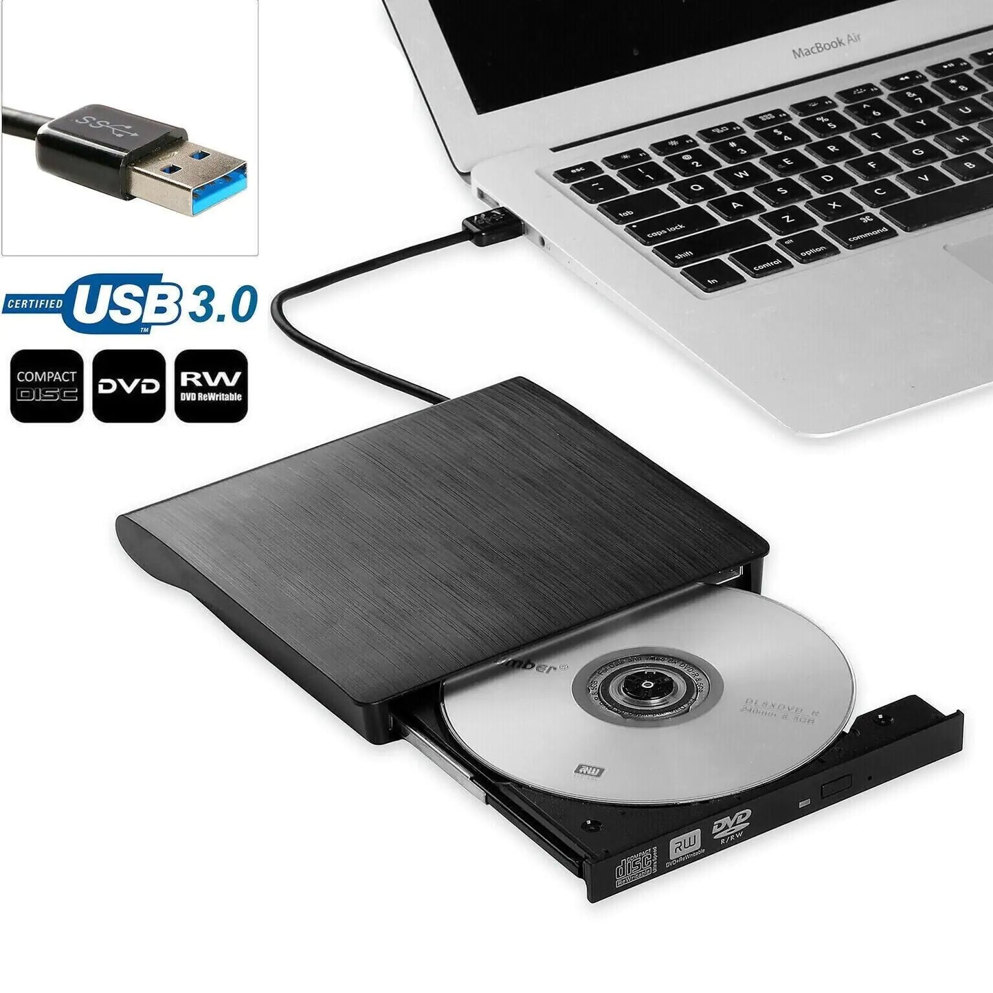 Slim External CD DVD RW Drive USB 3.0 Writer Burner Player Black For Laptop PC