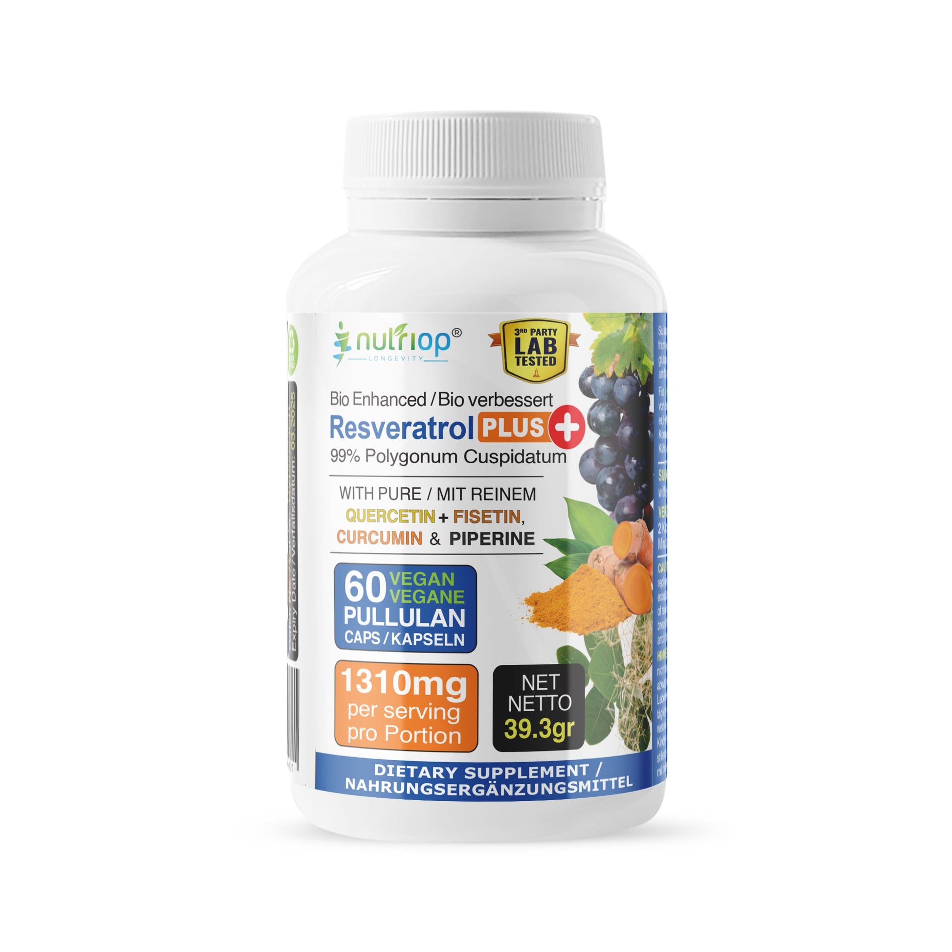 Bio-Enhanced Nutriop Longevity® Resveratrol PLUS with Pure Quercetin, Fisetin, Curcumin and Piperine - 1310mg per serving (x30)-0