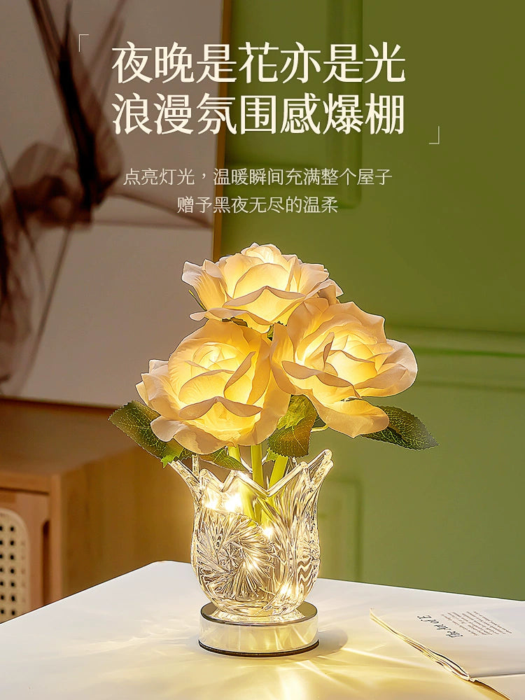 Rose Bouquet Small Night Lamp Decoration Bedroom Desktop Engagement Wedding for Bride Girlfriends Female Birthday Present Practical