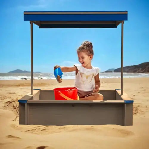 Sandpit For Kids Wooden Playset Beach Terrace Outdoor Backyard - Upgraded Retractable, Natural Colors