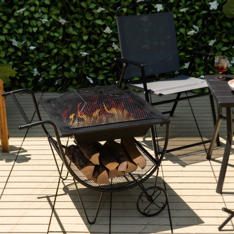 Portable Outdoor Wheeled Log Storage Rack and Wood Burning Fire Pit