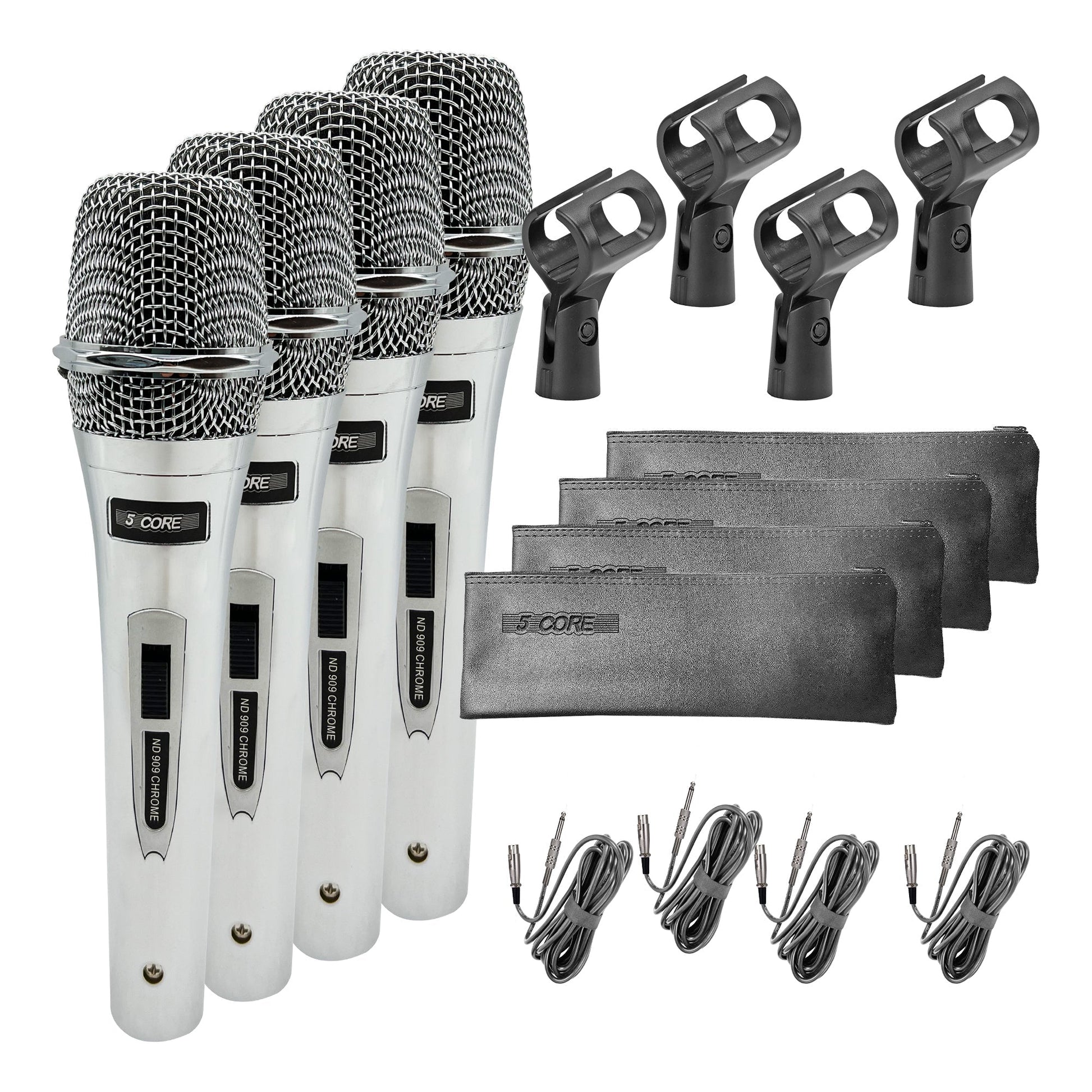 5 Core 4 Pieces Microphone Pro Microfono Dynamic Mic XLR Audio Cardiod Vocal Karaoke ND 909 CHROME 4PCS-0