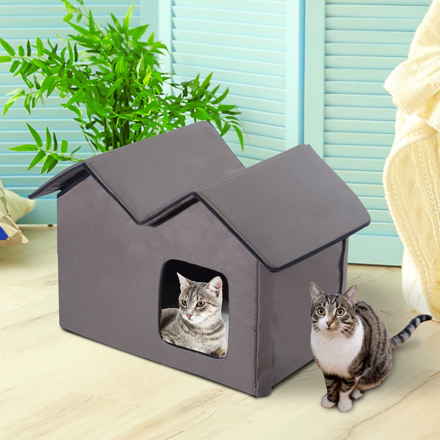 Heated Water-proof Double Wide Outdoor Cat Dog House Foldable Brown-1