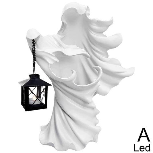 Halloween Witch Messenger Ornament with Lantern Waterproof Energy Saving Resin Statue for Garden Courtyard Decor