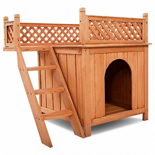 Wooden Dog House with Stairs and Raised Balcony for Puppy and Cat