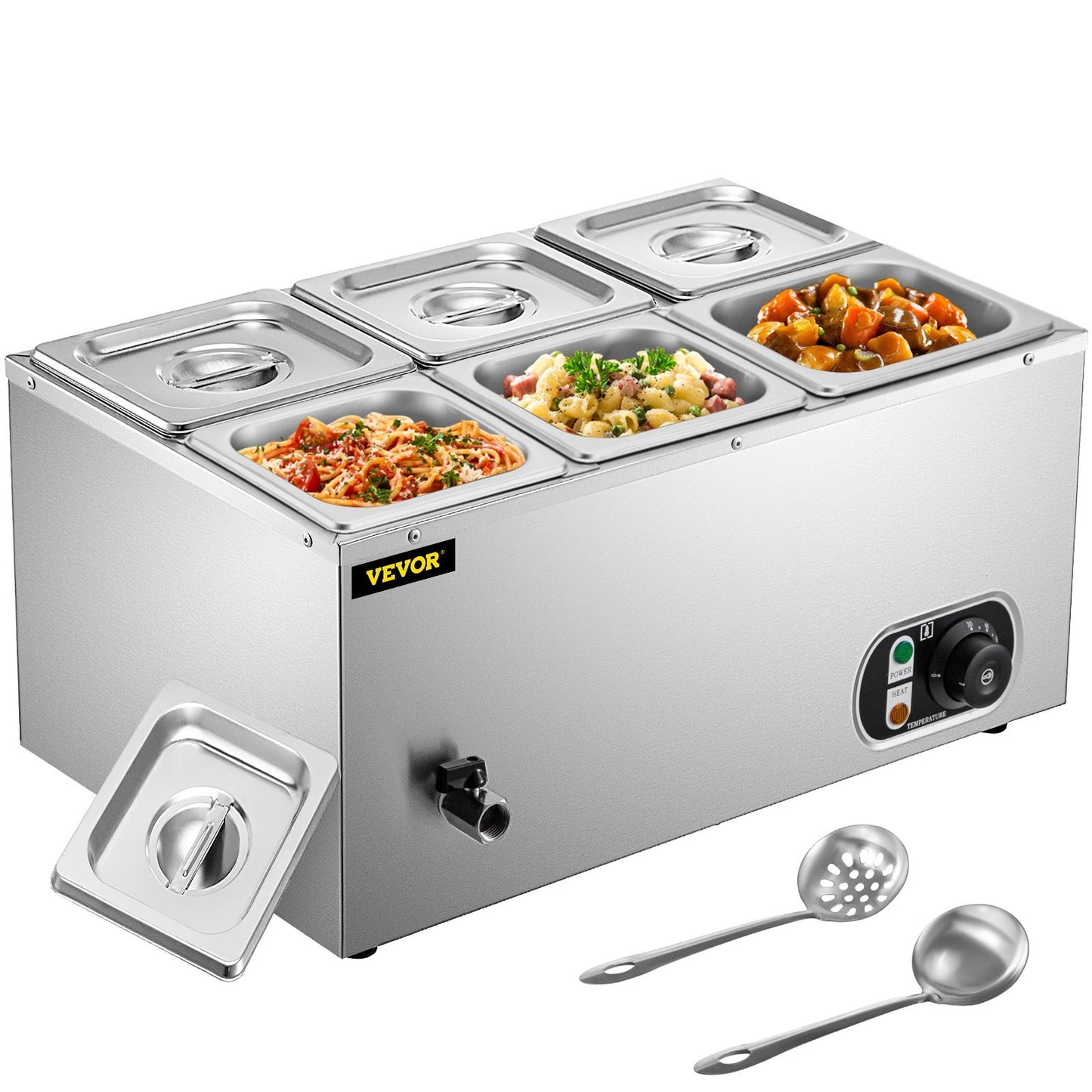 VEVOR 110V Commercial Food Warmer 6x1/6GN, 6-Pan Stainless Steel Bain Marie 12.6 Qt Capacity,1500W Steam Table 15cm/6inch Deep,Temp. Control 86-185, Electric Soup Warmer w/Lids & 2 Ladles