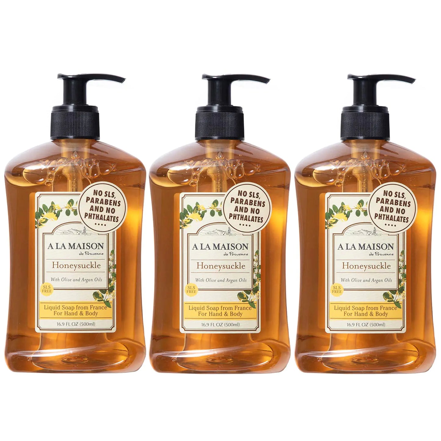 A LA MAISON French Liquid Hand Soap, Honeysuckle - Natural Hand Wash Made with Essential Oils - Biodegradable, Plant-Based, Vegan, Cruelty-Free, Alcohol & Paraben Free (16.9 oz, 3 Pack) 16.9 Fl Oz (Pack of 3)