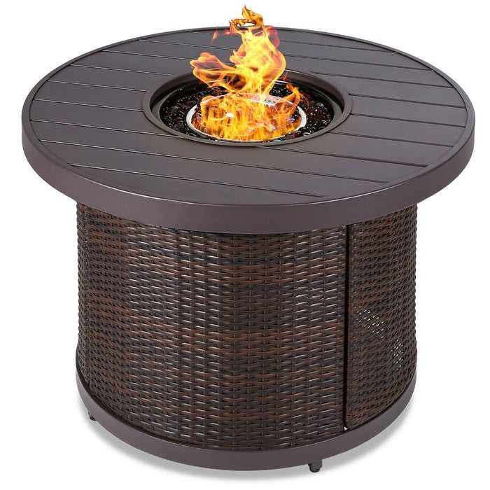 50,000 BTU Brown Wicker Round LP Gas Propane Fire Pit w/ Faux Wood Tabletop and Cover-0