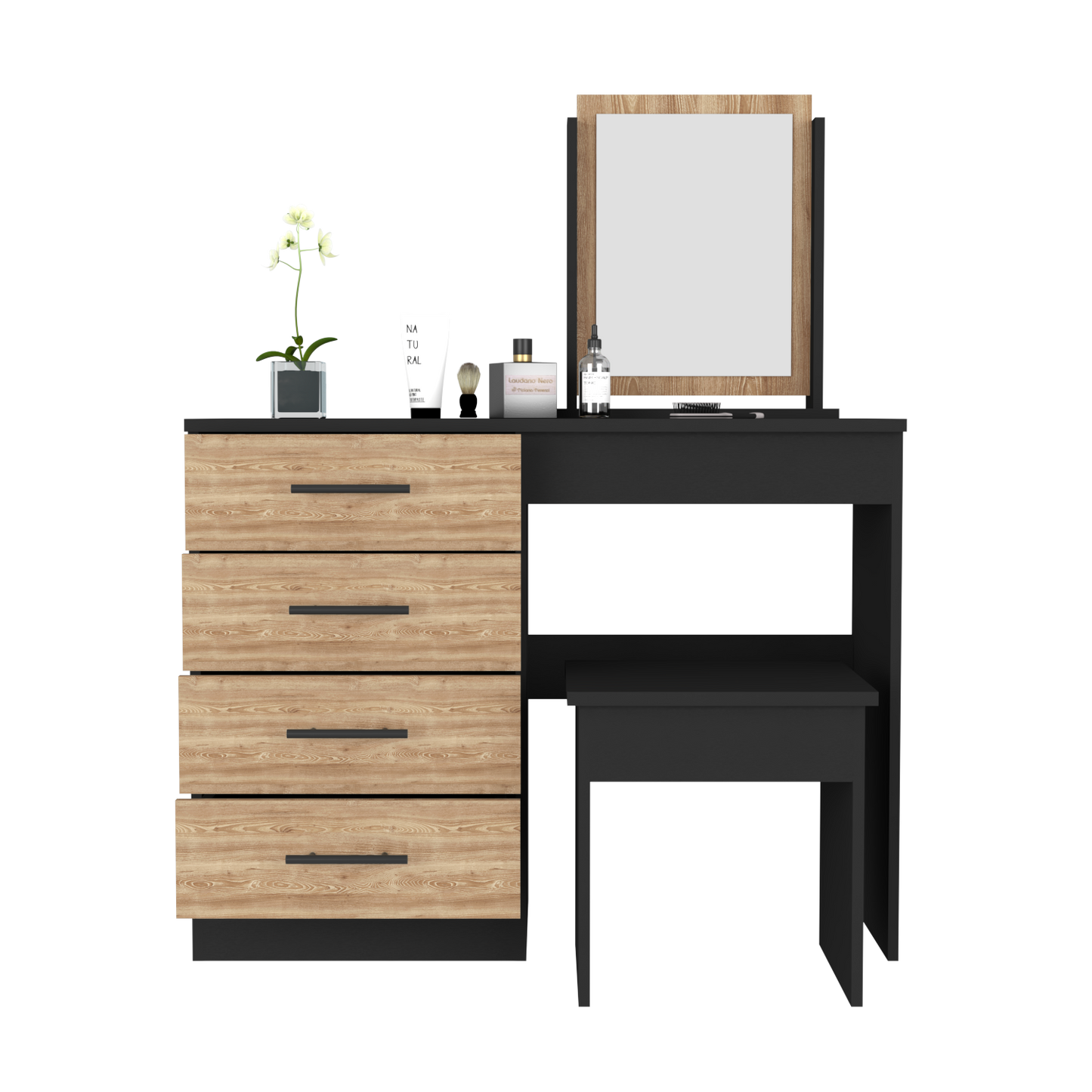 Makeup Dressing Table Roxx, Four Drawers, One Mirror, Stool, Black Wengue / Pine Finish-2