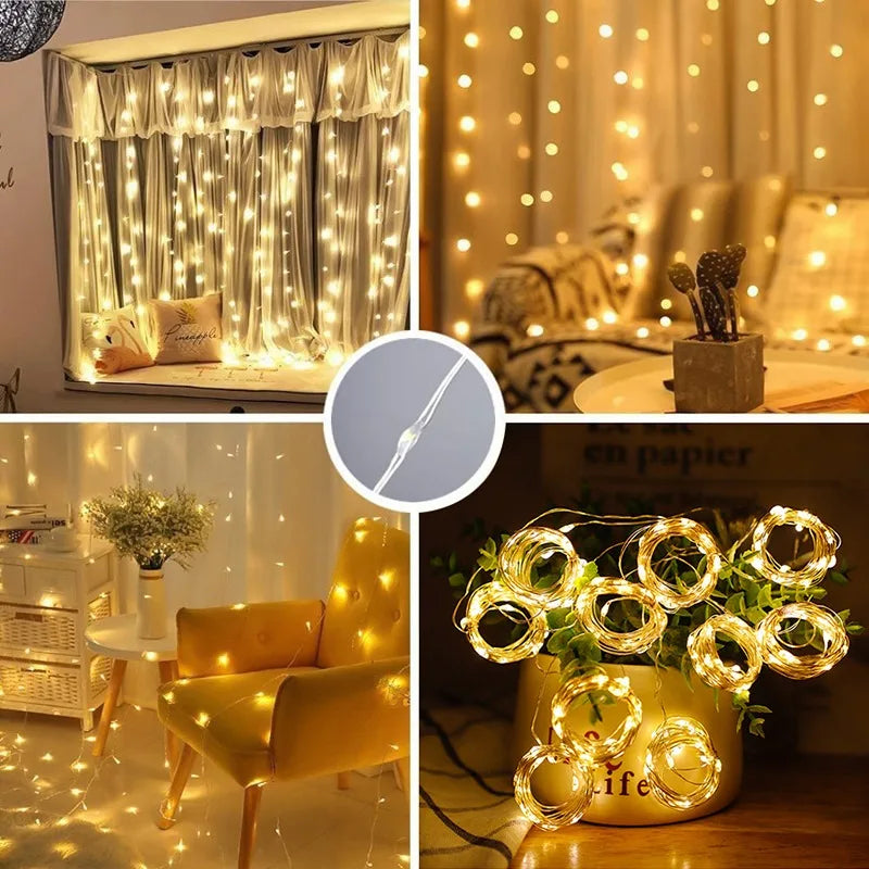 LED Garland Curtain Lights 8 Modes USB Remote Control Fairy Lights String Wedding Christmas Decor for Home Ramadan Festival Lamp