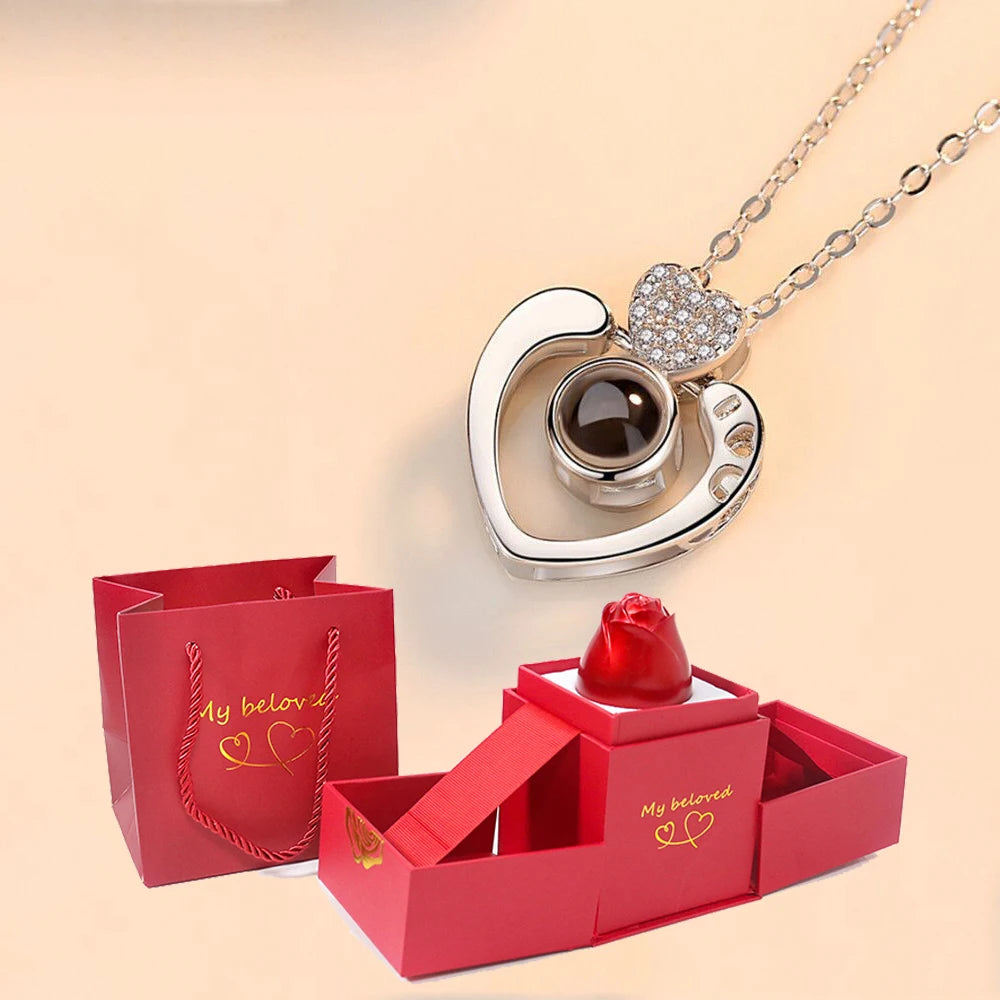 Love Projection Necklace With Exquisite Rose Gift Box100 Languages I Love You Pendant 2023 New In Romantic Jewelry Dropshipping