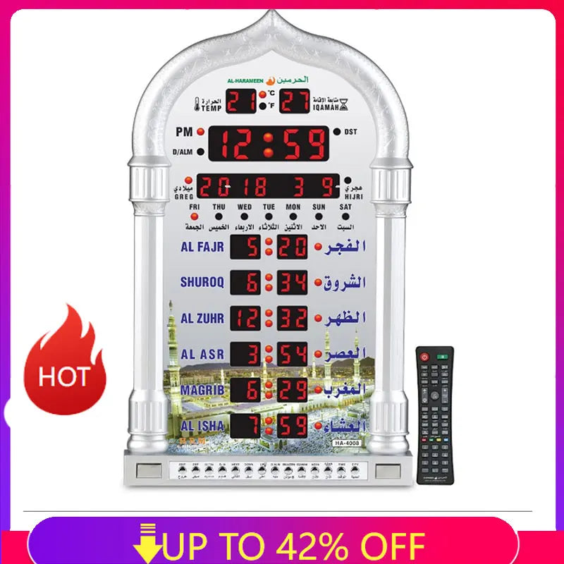 12V Azan Mosque Calendar Muslim Prayer Wall Clock Alarm Islamic Mosque Azan Calendar Ramadan Home Decor with Remote Control