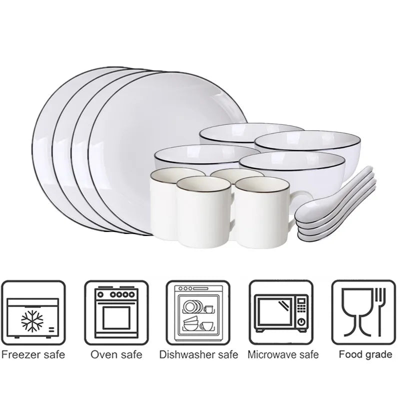 White With Black Edge Dinner Plate Ceramic Kitchen Tray Food Dishes Rice Salad Noodles Bowl Soup Kitchen Cook Tool 1pcs Sale