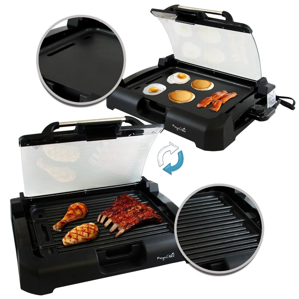 2023 New MegaChef Reversible Indoor Grill and Griddle with Removable Glass Lid