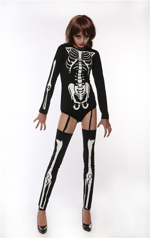 New Arrivals Vampire Long Sleeves One Piece With Stockings Jumpsuit for Halloween Costumes Black With White Horrific Golgo