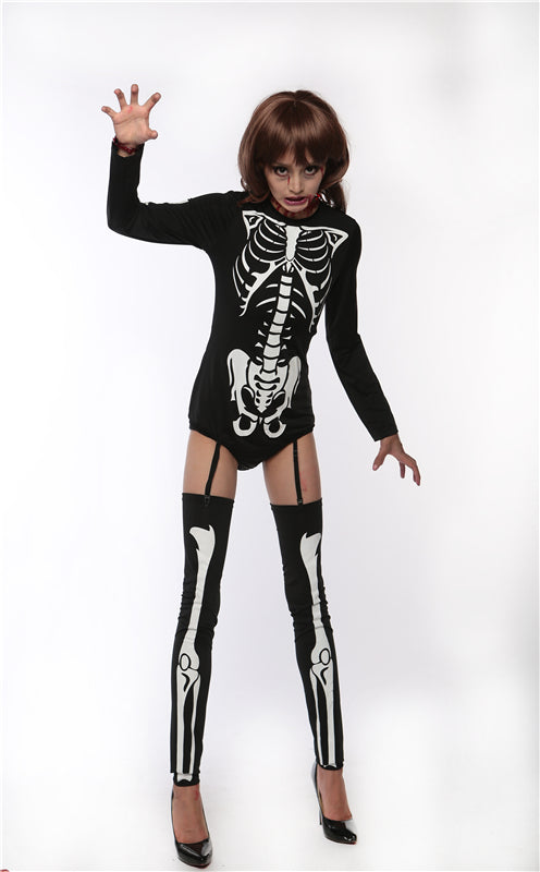 New Arrivals Vampire Long Sleeves One Piece With Stockings Jumpsuit for Halloween Costumes Black With White Horrific Golgo