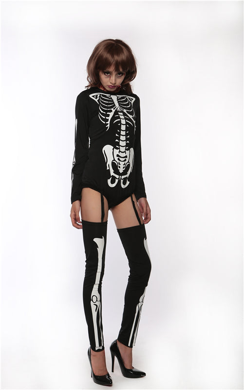 New Arrivals Vampire Long Sleeves One Piece With Stockings Jumpsuit for Halloween Costumes Black With White Horrific Golgo