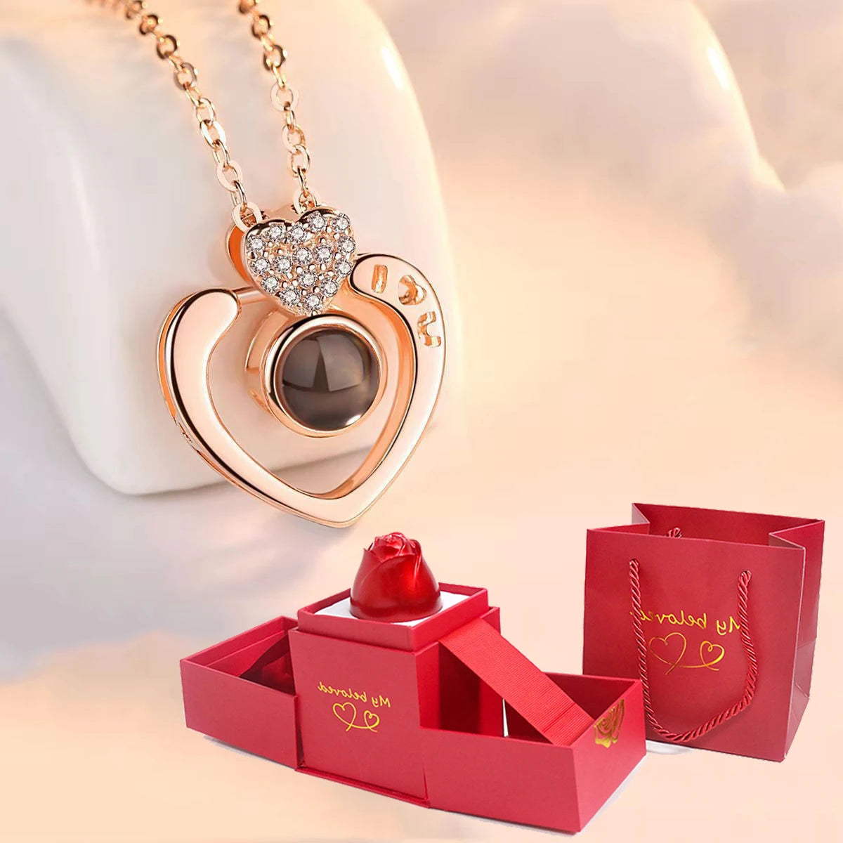 Love Projection Necklace With Exquisite Rose Gift Box100 Languages I Love You Pendant 2023 New In Romantic Jewelry Dropshipping