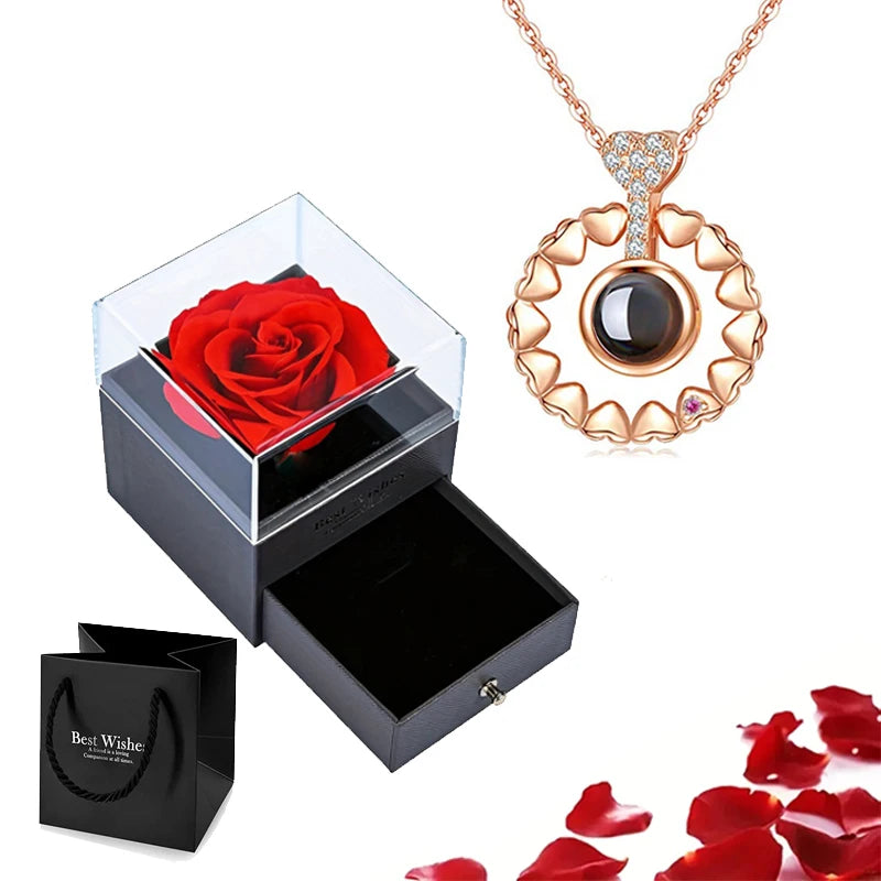 Projection Necklace Set With Rose Gift Box 100 Languages I Love You Heart Pendant Jewelry 2023 Hot Sale Accessories Dropshipping