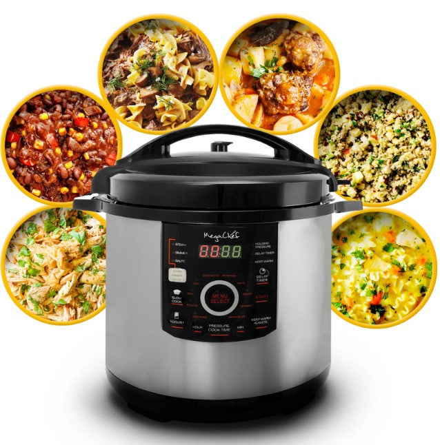 Megachef 12 Quart Steel Digital Pressure Cooker with 15 Presets and Glass Lid