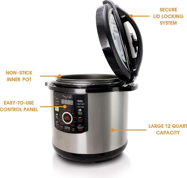 Megachef 12 Quart Steel Digital Pressure Cooker with 15 Presets and Glass Lid