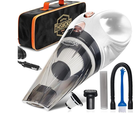 ThisWorx Car Vacuum Cleaner - Car Accessories - Small 12V High Power Handheld Portable Car Vacuum w/Attachments, 16 Ft Cord & Bag - Detailing Kit Essentials for Travel, RV Camper - American Smart