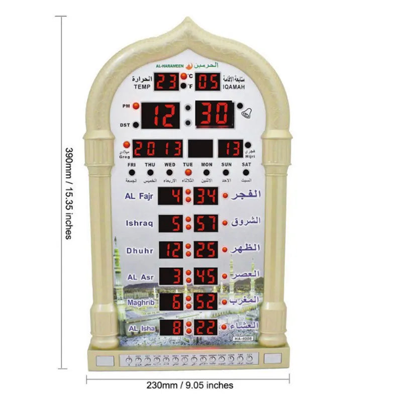 12V Azan Mosque Calendar Muslim Prayer Wall Clock Alarm Islamic Mosque Azan Calendar Ramadan Home Decor with Remote Control