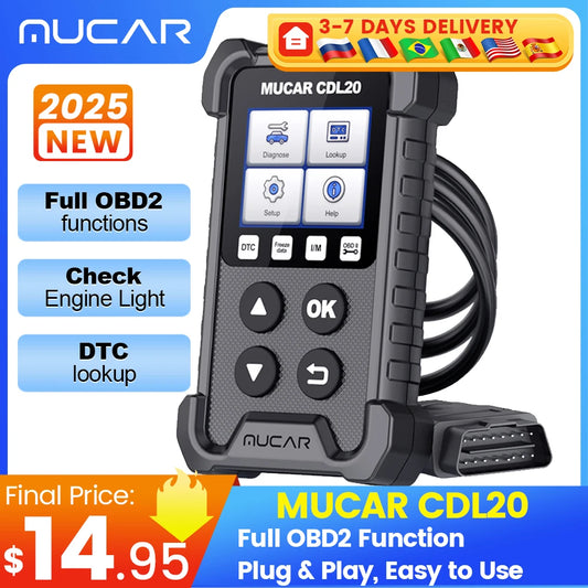 New MUCAR CDL20 Obd2  Scanner Auto Diagnostic Tools Lifetime Free Automotive Code Reader Check Engine Full OBD 2 Functions