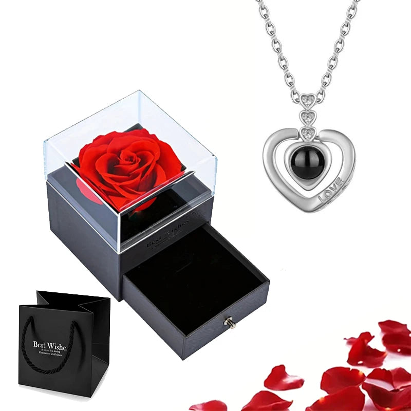 Projection Necklace Set With Rose Gift Box 100 Languages I Love You Heart Pendant Jewelry 2023 Hot Sale Accessories Dropshipping