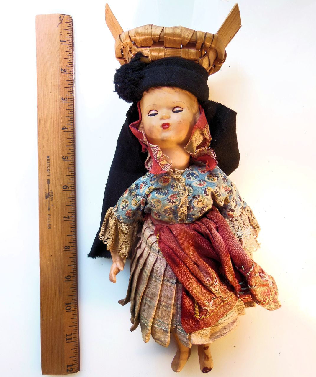 Vintage Portuguese Fish Seller Doll.  Opening/Closing Eyes & Basket on Head-0