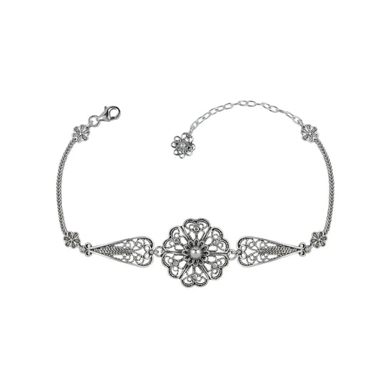 Sterling Silver Filigree Art Clover Flower Design Woman Link Bracelet-0