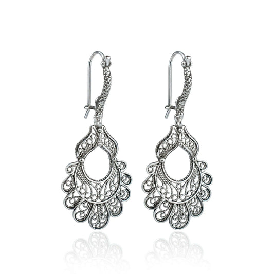 Sterling Silver Filigree Art Peacock Design Women Dangle Drop Earrings-0