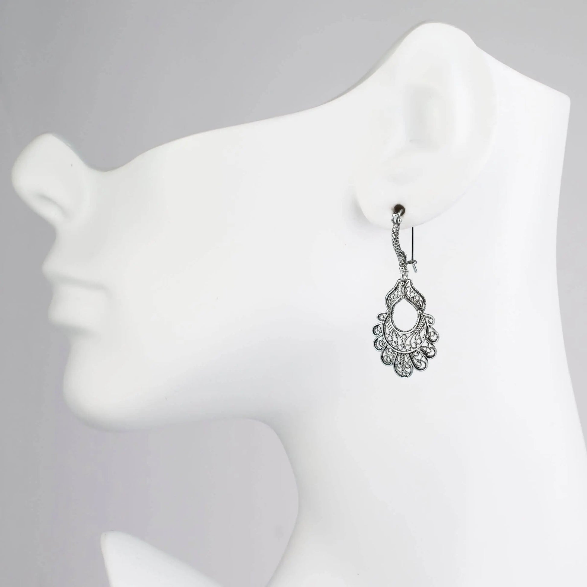 Sterling Silver Filigree Art Peacock Design Women Dangle Drop Earrings-1